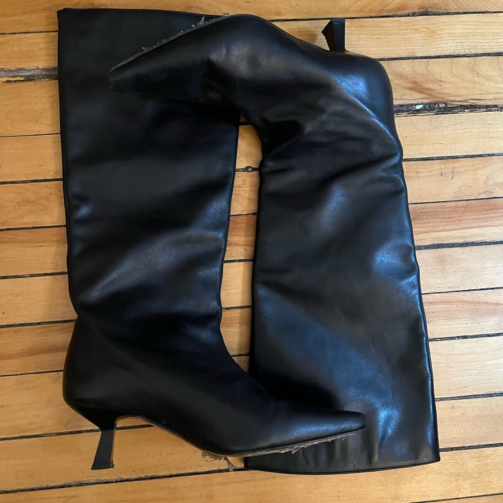 Buttery Leather Black Knee-High Women's Boots with Pointed toe and Stiletto